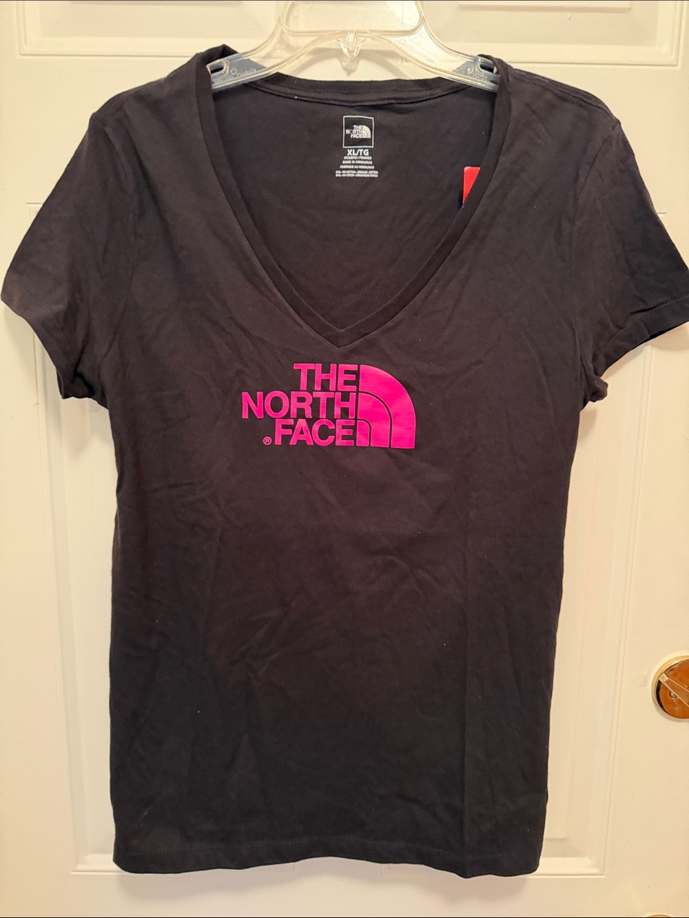 North Face Black  V-Neck Tee With Pink "Half Dome" Logo on the Chest.   NWT